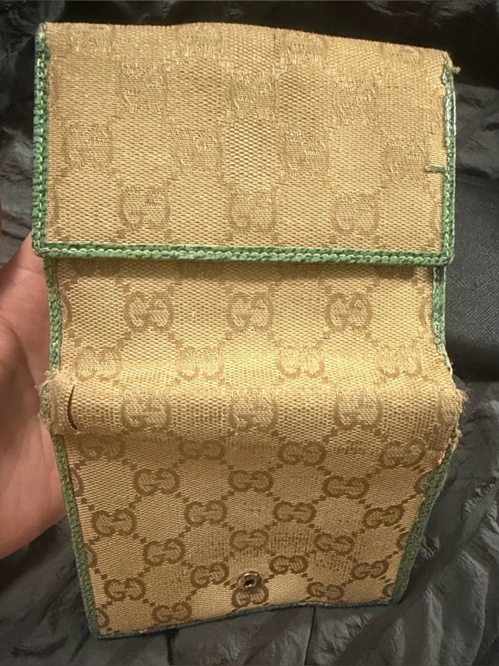 Gucci GG canvas compact wallet green leather trim